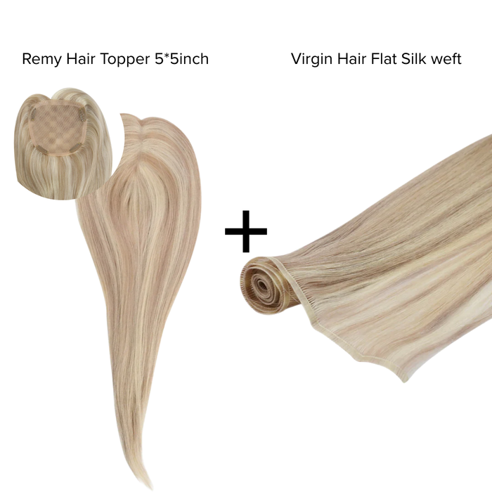 [Bundle] Remy Hair Topper5*5inch #P18/613 + Virgin Hair Flat Silk Wefts #P18/613