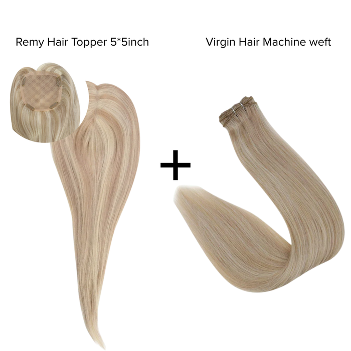[Bundle] Remy Hair Topper5*5inch #P18/613 + Virgin Hair Machine Wefts #P18/613
