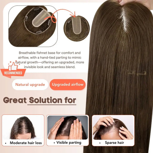 Virgin Hair Fishnet Topper Hair,Fishnet topper for women,fishnet hair topper,sunny hair topper,hair extensions,clip in hair extensions,human hair extensions,hair extensions for thin hair,hair extensions clip in,best clip in hair extensions,best hair extensions for fine hair,Silk hair topper,mono topper hair,Mono topper,human hair topper,hair topper for thinning crown,hair topper,virgin hair extensions,dark brown hair topper,natural brown hair topper,silk base topper hair,100% real hair,human hair