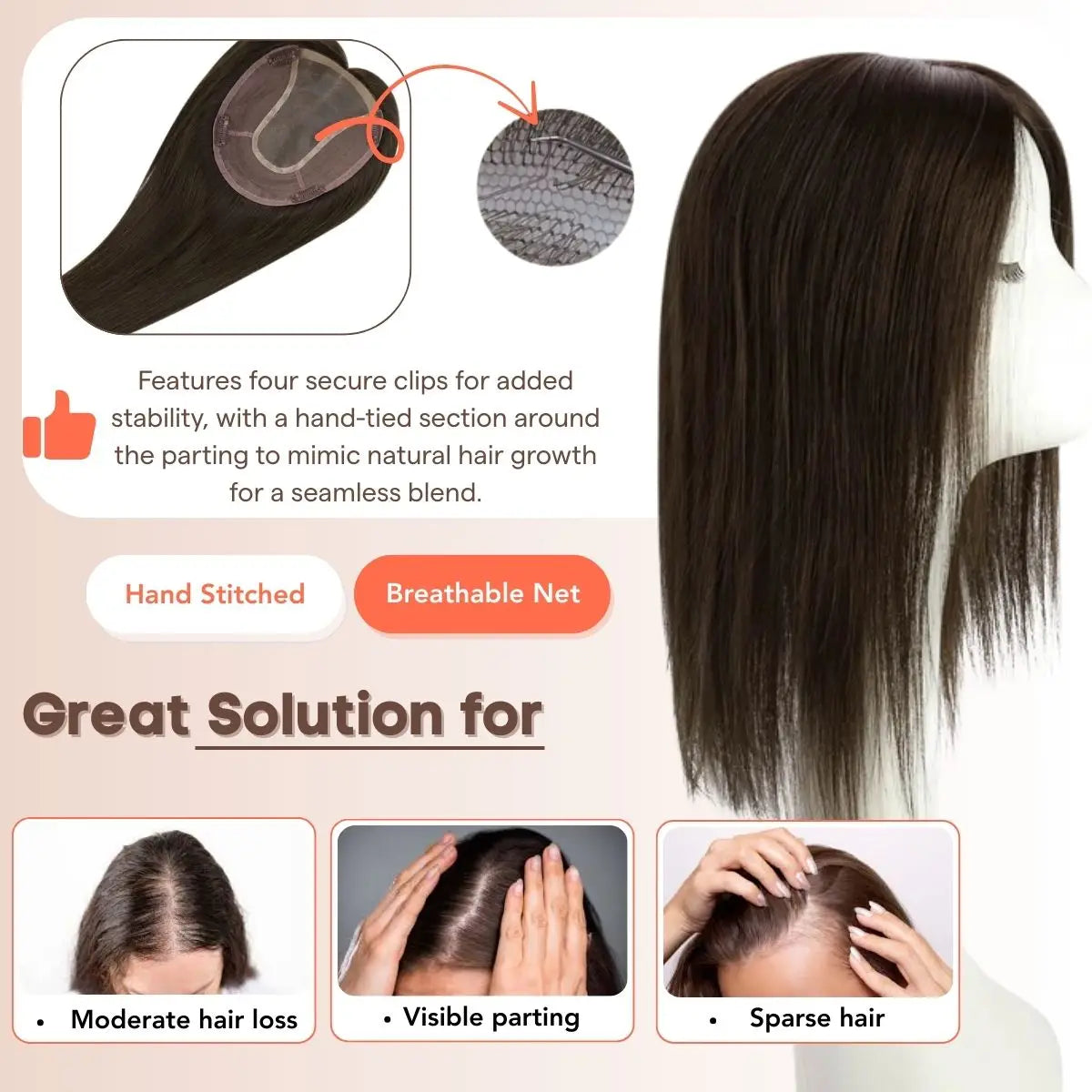 Virgin Hair Topper,sunny hair topper,hair extensions,clip in hair extensions,human hair extensions,hair extensions for thin hair,hair extensions clip in,best clip in hair extensions,best hair extensions for fine hair,Silk hair topper,mono topper hair,Mono topper,human hair topper,hair topper for thinning crown,hair topper,virgin hair extensions,dark brown hair topper,natural brown hair topper,silk base topper hair,100% real hair,human hair,distribute seams at will,invisible topper,large base topper