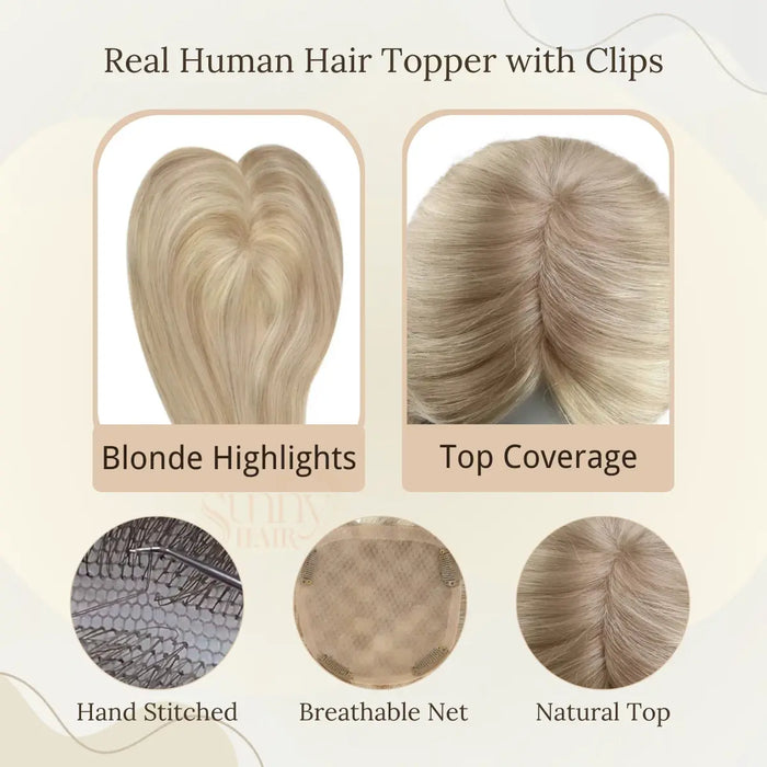 blonde highlights human hair toppers, added fullness and thickness, clip in hair extensions for instant volume, premium quality human hair for styling, natural look and feel, effortless installation hair extensions, seamless blend for a flawless finish