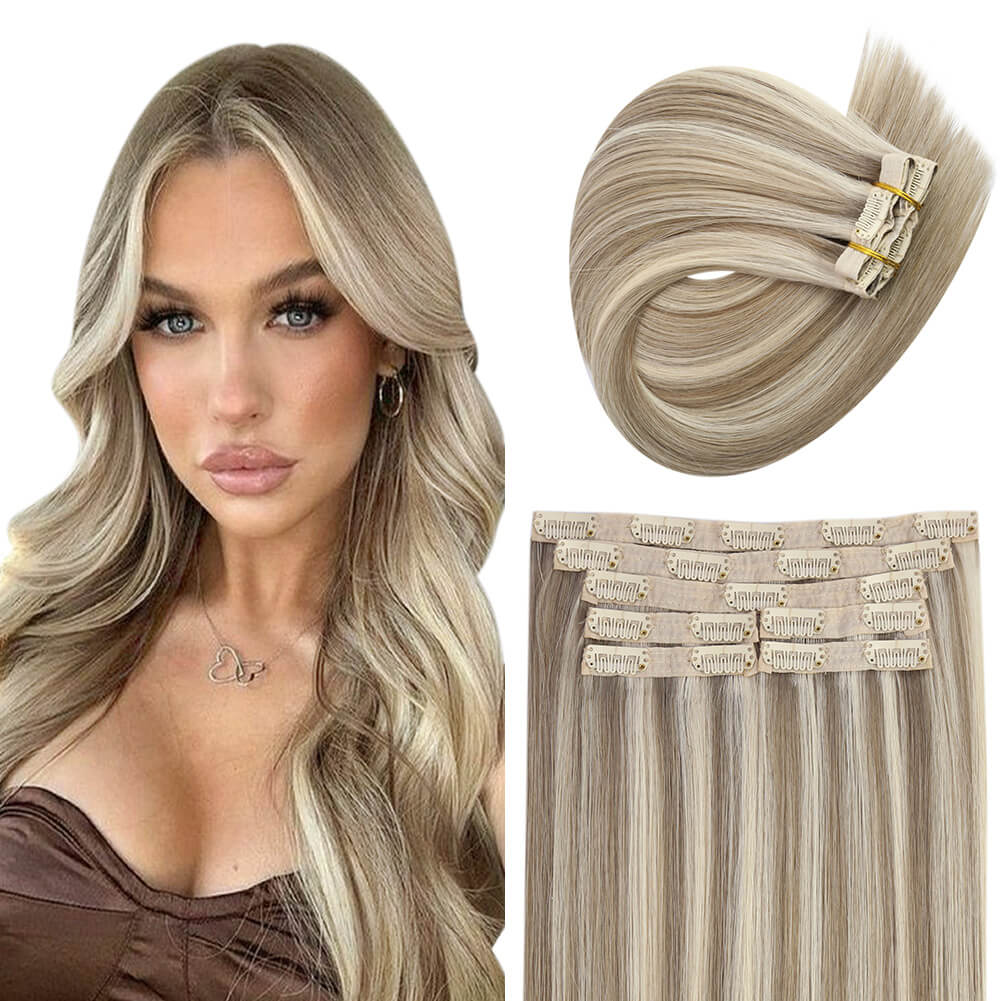 Clip in Hair Extensions Double Weft Virgin Human Hair Blonde  display picture 1