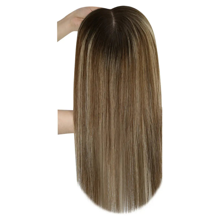 Sunny Hair Fishnet Hair Piece Toupee with Clips Balayage Blonde Highlights fishnet_hair_topper_breathable_fishnet_human_hair_topper_Fishnet_topper_for_women_balayage_hair_topper