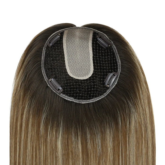 Sunny Hair Fishnet Hair Piece Toupee with Clips Balayage Blonde Highlights fishnet_hair_topper_breathable_fishnet_human_hair_topper_Fishnet_topper_for_women_balayage_hair_topper