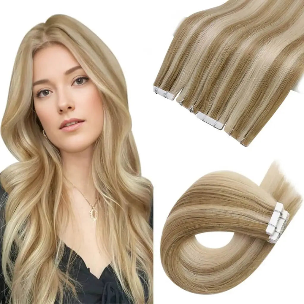 injected tape in hair extensions highlight blonde hair