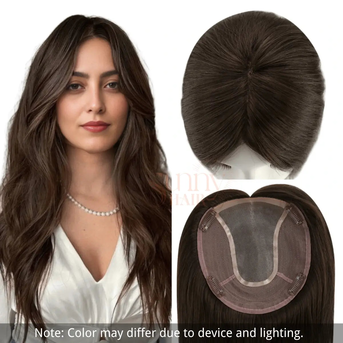 sunny hair topper,hair extensions,clip in hair extensions,human hair extensions,hair extensions for thin hair,hair extensions clip in,best clip in hair extensions,best hair extensions for fine hair,Silk hair topper,mono topper hair,Mono topper,human hair topper,hair topper for thinning crown,hair topper,virgin hair extensions,dark brown hair topper,natural brown hair topper,silk base topper hair,100% real hair,human hair,distribute seams at will,invisible topper,large base topper,large base 6*7 inch