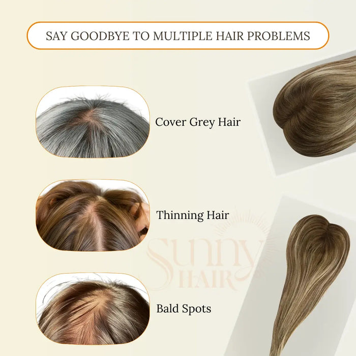 human hair toppers for thinning hair, virgin hair, balayage hair piece, lightweight, no shedding, natural appearance, high-density hair topper, salon-quality, customizable style, full coverage topper, smooth texture, breathable, durable hair piece