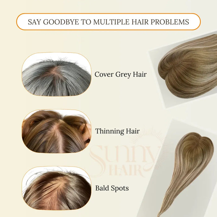 human hair toppers for women, balayage highlights, virgin hair topper, lightweight, long-lasting, natural texture, customizable style, non-shedding hair, high-quality hair piece, realistic blend, breathable, smooth texture, hair extensions for thinning hair