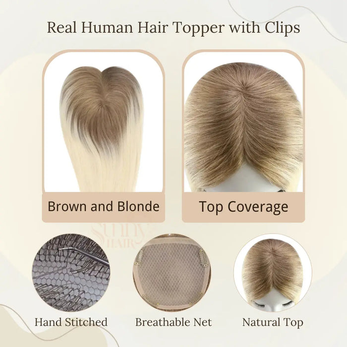 natural hair topper, brown blonde clip on extensions, premium human hair topper, full coverage clip on hairpiece, realistic clip on hair topper, seamless human hair extensions, lightweight hair topper for women, volume enhancing hairpiece, clip in hair topper, fine hair clip on extensions, comfortable hair topper, hair topper for fine hair, versatile hair extension piece, easy clip on hair topper, long lasting hair topper