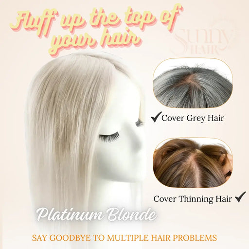 platinum blonde hair topper, natural volume topper for women, human hair extensions, seamless hair topper, comfortable clip in hair topper, full coverage hairpiece, premium human hair topper, realistic hair topper, smooth and shiny hairpiece, breathable hair topper for thinning hair, easy-to-apply hair topper, thickening hair extension