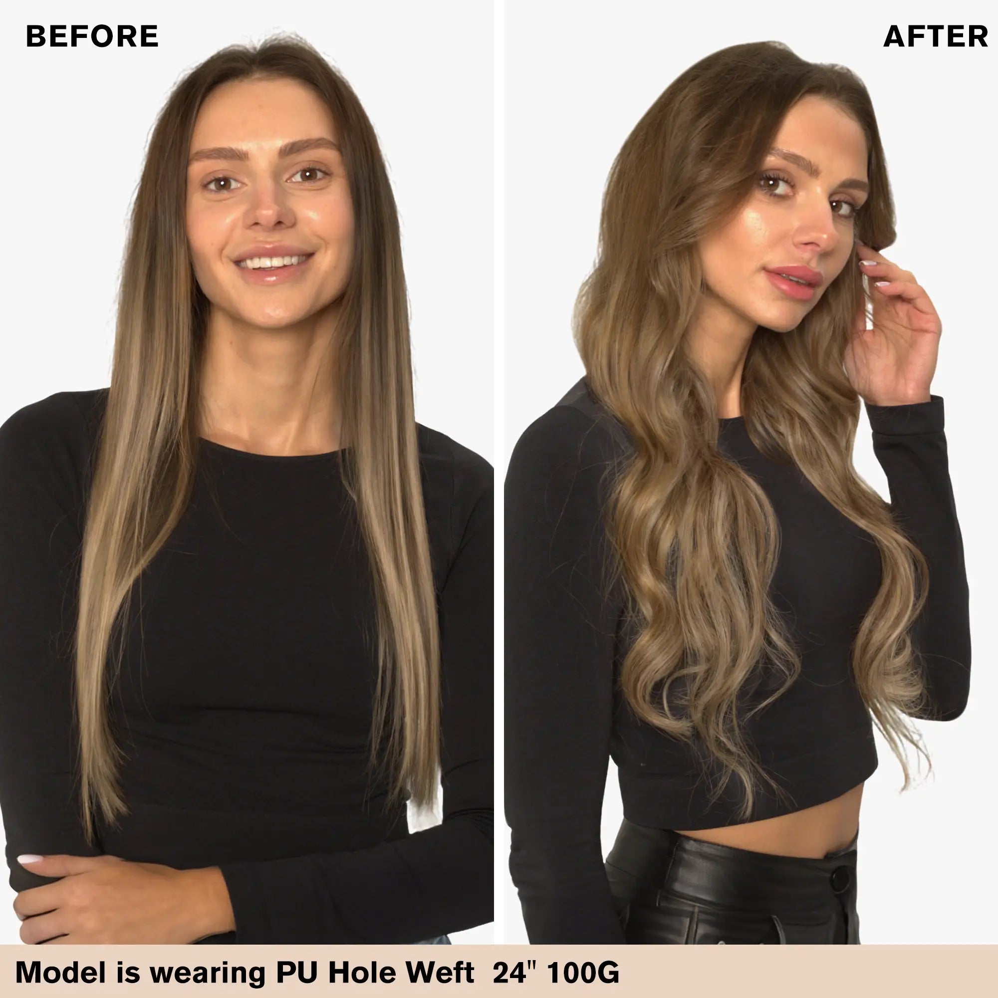 Weft Extension Virgin Hair Invisible Hole PU Flat Weft Balayage Brown #4/27/4