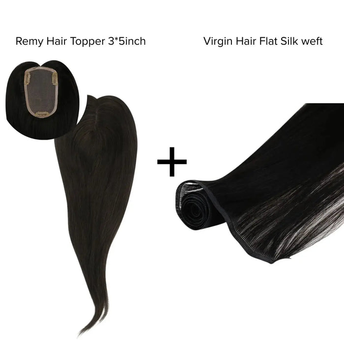[Bundle] Remy Hair Topper3*5inch #1B + Virgin Hair Flat Silk Weft Natural Black #1B