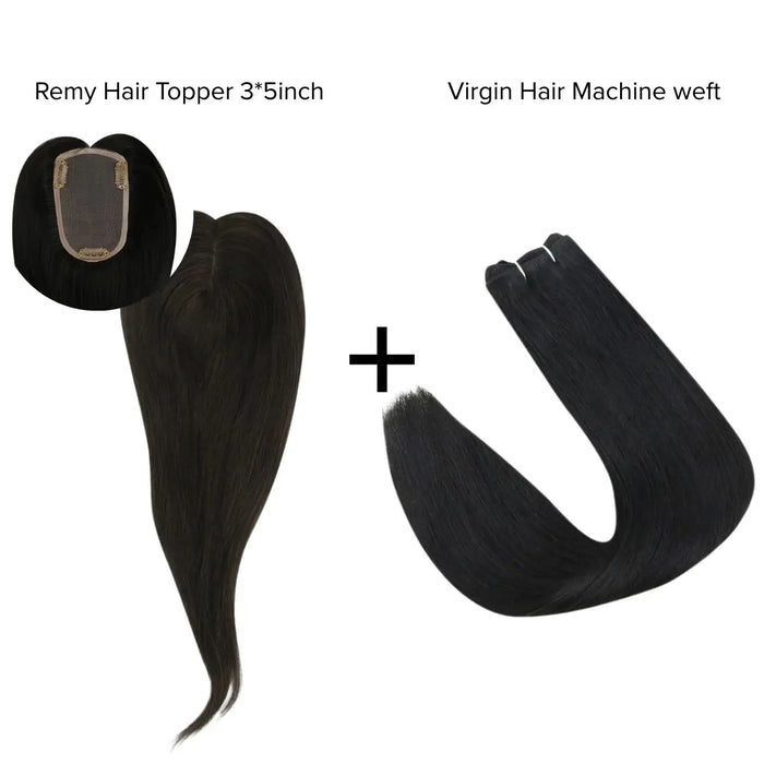 [Bundle] Remy Hair Topper3*5inch #1B + Virgin Hair Machine Weft Natural Black #1B