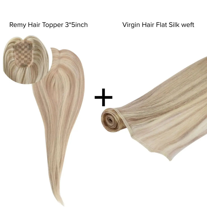 [Bundle] Remy Hair Topper3*5inch #P18/613 +Virgin Hair Flat Silk Weft #P18/613