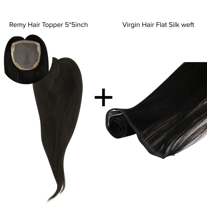 [Bundle] Remy Hair Topper5*5inch #1B + Virgin Hair Flat Silk Wefts #1B Natural Black