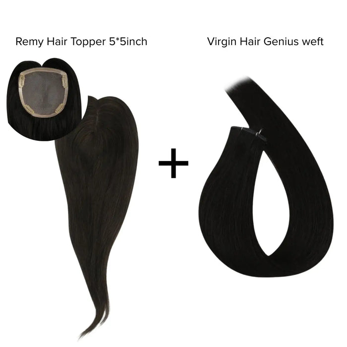 [Bundle] Remy Hair Topper5*5inch #1B + Virgin Hair Genius Wefts #1B Natural Black