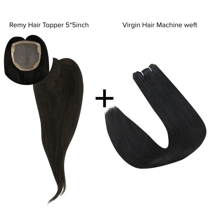 [Bundle] Remy Hair Topper5*5inch #1B + Virgin Hair Machine Wefts #1B Natural Black