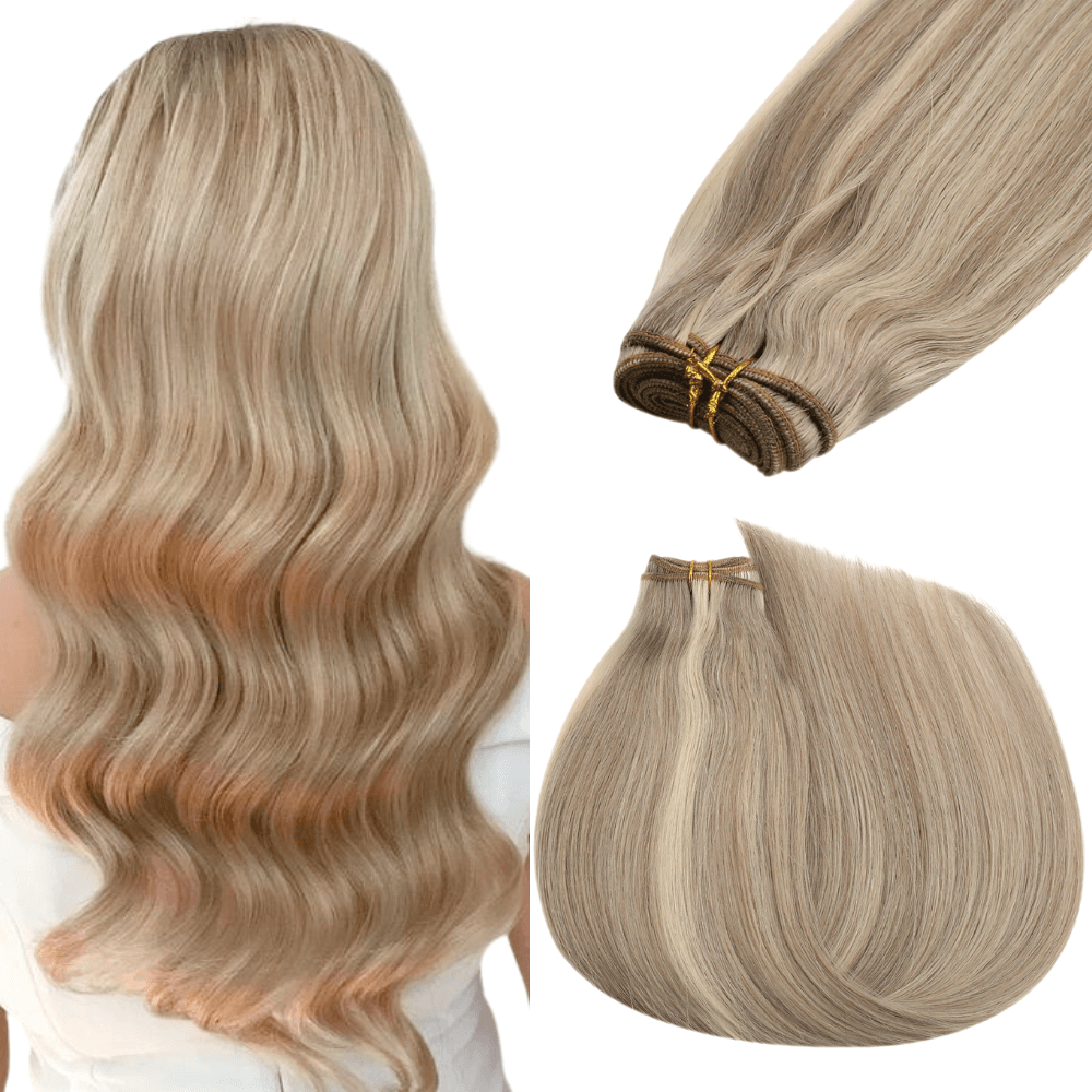 weft hair extensions balayage blonde, permanent tape ins hair,  single drawn hair, 100% real human hair, silky smooth hair, hair extensions, fantasy colors, fashion color