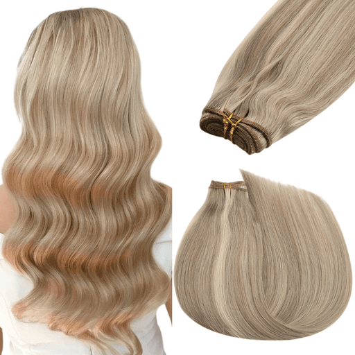 weft hair extensions balayage blonde, permanent tape ins hair,  single drawn hair, 100% real human hair, silky smooth hair, hair extensions, fantasy colors, fashion color