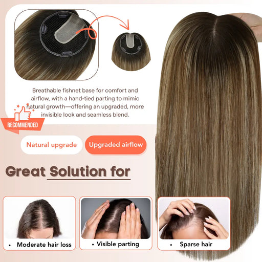 Sunny Hair Fishnet Hair Piece Toupee with Clips Balayage Blonde Highlights fishnet_hair_topper_breathable_fishnet_human_hair_topper_Fishnet_topper_for_women_balayage_hair_topper