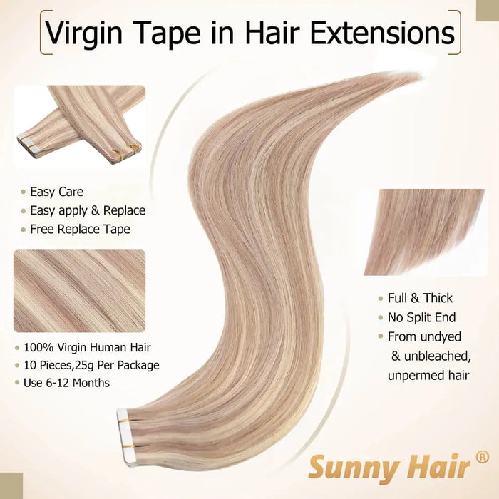 Virgin Hair Tape in Human Hair Extensions 25g/pack with Pink Blonde Highlights #18/613