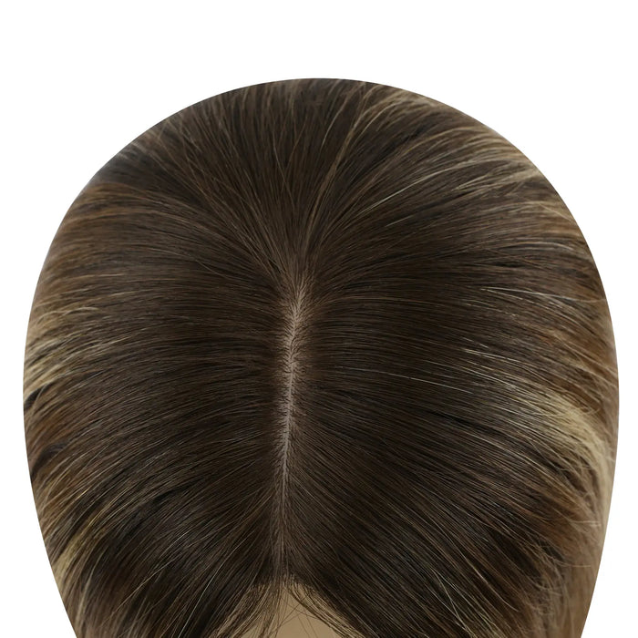 Sunny Hair Fishnet Hair Piece Toupee with Clips Balayage Blonde Highlights fishnet_hair_topper_breathable_fishnet_human_hair_topper_Fishnet_topper_for_women_balayage_hair_topper