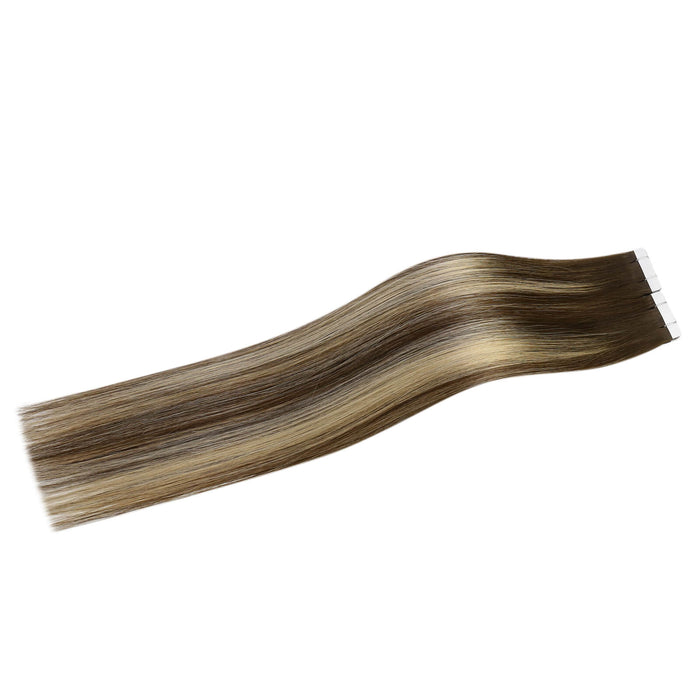sunny hair in tape extensions, blonde tape in extensions, best quality virgin tape in hair extensions, high quality, natural tape ins, balayage brown virgin tape ins, mini tape in virgin extensions