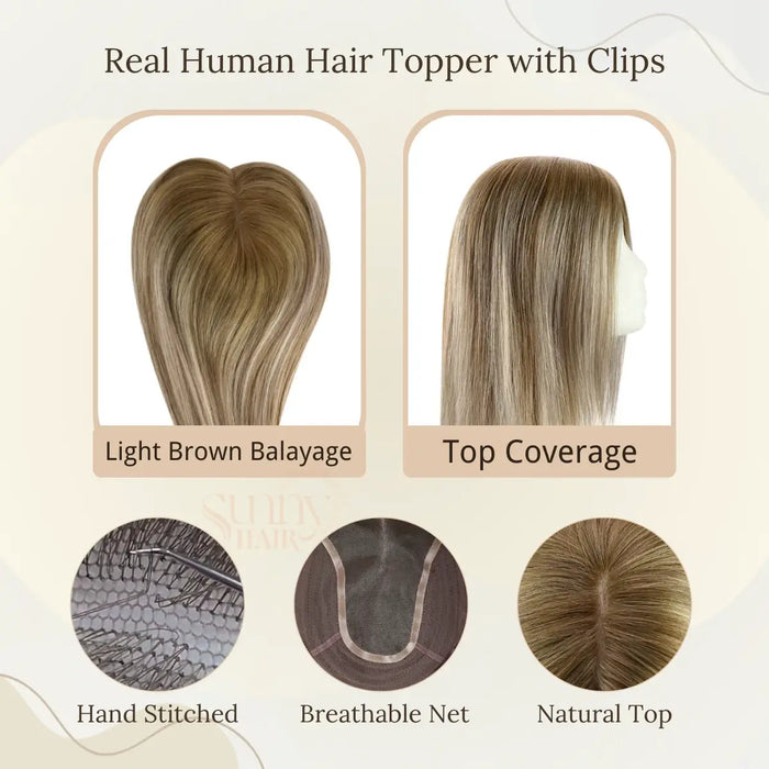 virgin hair toppers, thinning hair solutions, light brown balayage, natural look, hair loss coverage, non-shedding, seamless blend, full coverage, salon-quality hair, easy to style, high-density hair, comfortable fit, realistic appearance