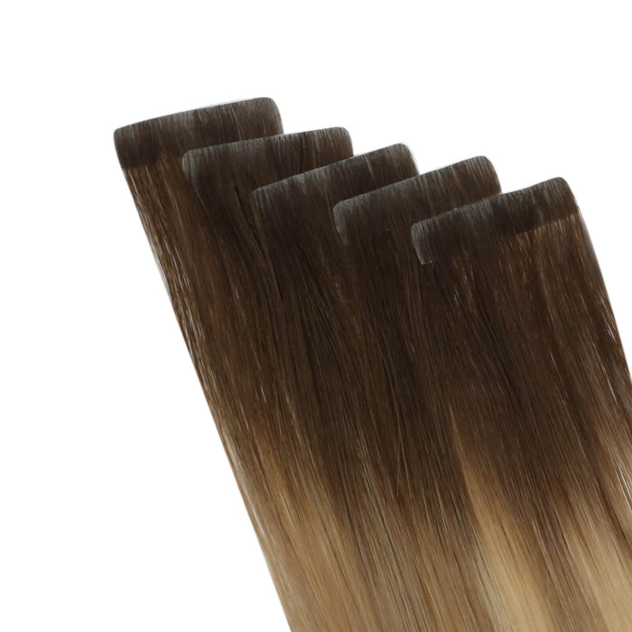 real hair tape in extensions blonde balayage on brown hair